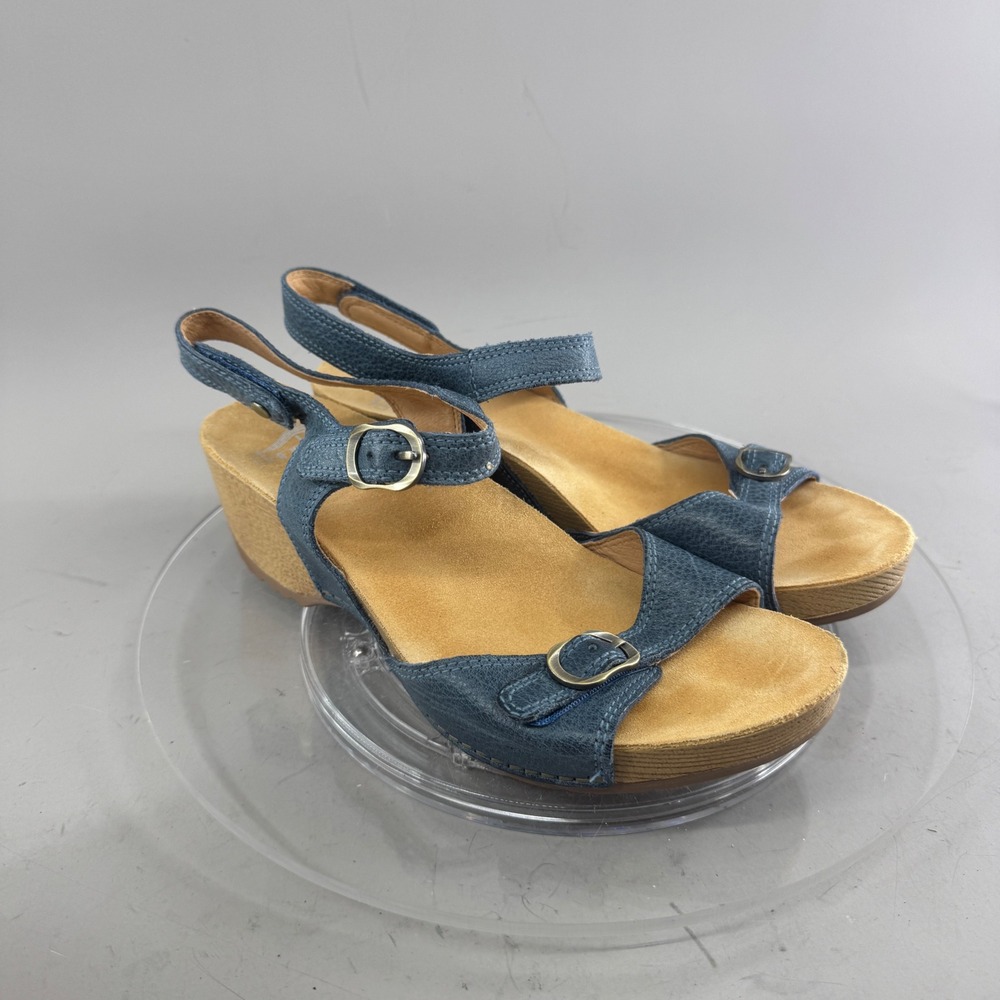 Dansko Womens Blue Leather Wedge Buckle Strap Sandals Size 38 8 Wedge Support